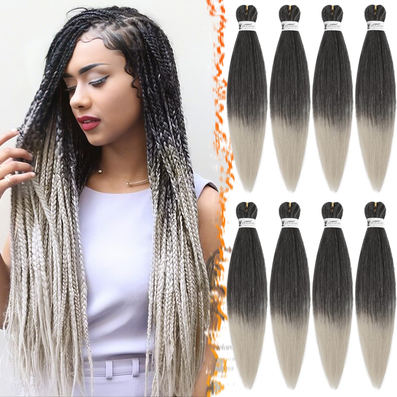 BARSDAR Pre Stretched Braiding Hair, 26 Inch 8 Packs Ombre Grey Long Pre Stretched Professional Synthetic Crochet Braiding Hair Hot Water Setting Yaki Texture Easy Braid -T1B/Silver#