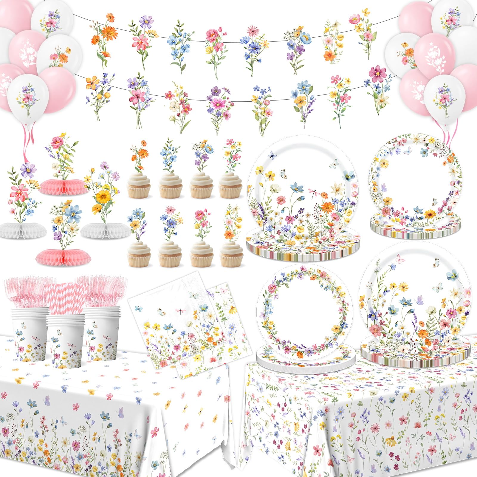 Photo 1 of 193Pcs Spring Wildflower Party Decorations Include Plates, Napkins, Cups, Balloons, Banner, Tablecloth, Cake Toppers, Honeycombs for Floral Birthday Baby Shower Party, Serve 24
