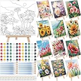 Tenceur 12 Sets Pre Drawn Canvas to Paint Adult Stretched Coloring Painting Canvas Panels with Design Easel and Brushes for Party Supplies Beginner Favor(Flower)