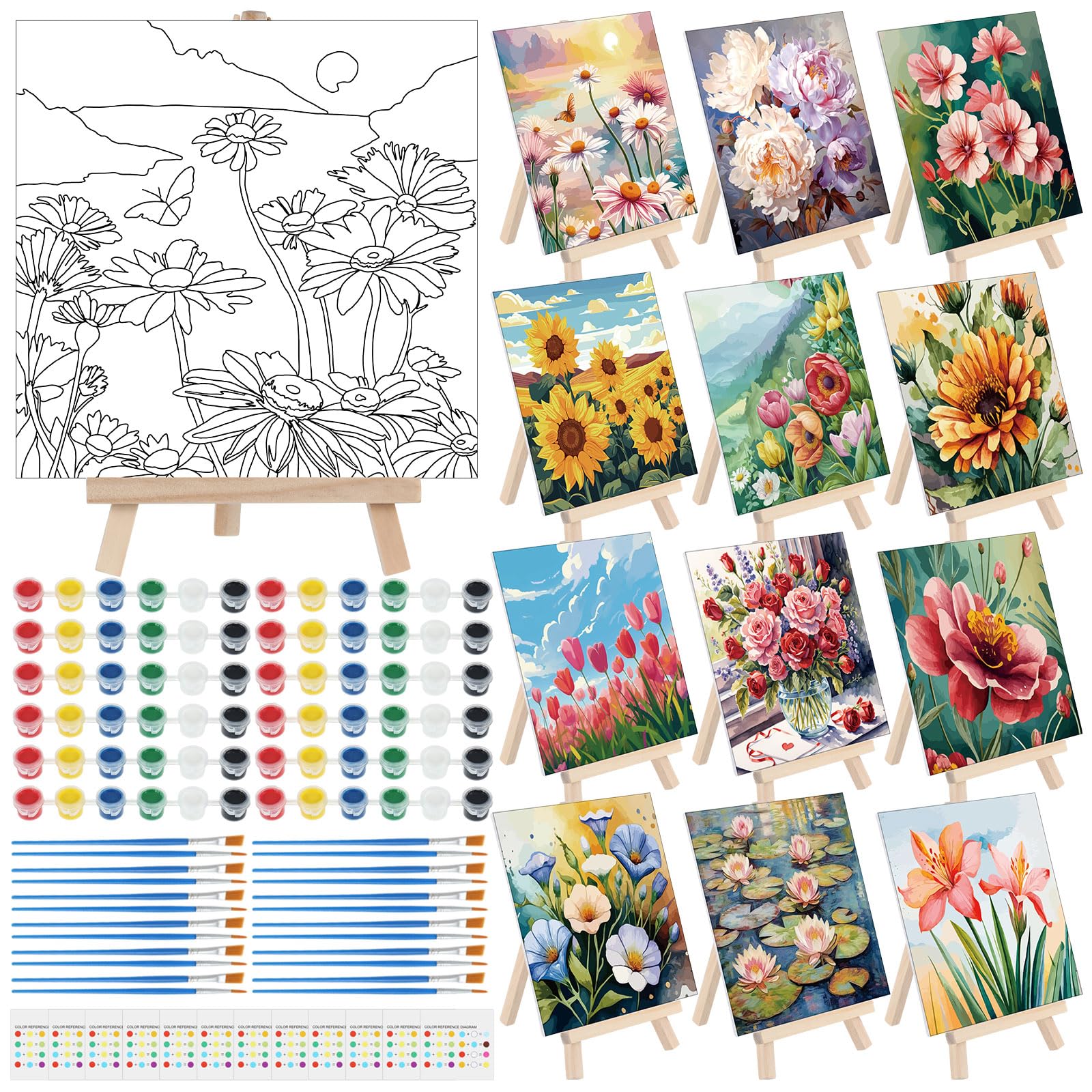Photo 1 of Tenceur 12 Sets Pre Drawn Canvas to Paint Adult Stretched Coloring Painting Canvas Panels with Design Easel and Brushes for Party Supplies Beginner Favor(Flower)