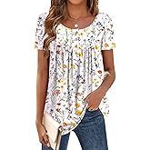 Zeagoo Women Tunic Tops Dressy Casual Summer Short Sleeve Shirts Floral Loose Fit Pleated Boho Top S-XXL