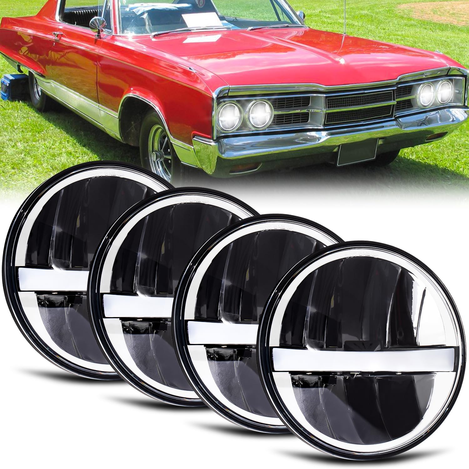 Photo 1 of MXSAG 4pcs 5.75" Round white LED Headlights H4 HI/LO Beam DRL Compatible for Jeep Wrangler GMC K15/K1500 K25/K2500 K35/K3500 Pickup Suburban Buick Electra