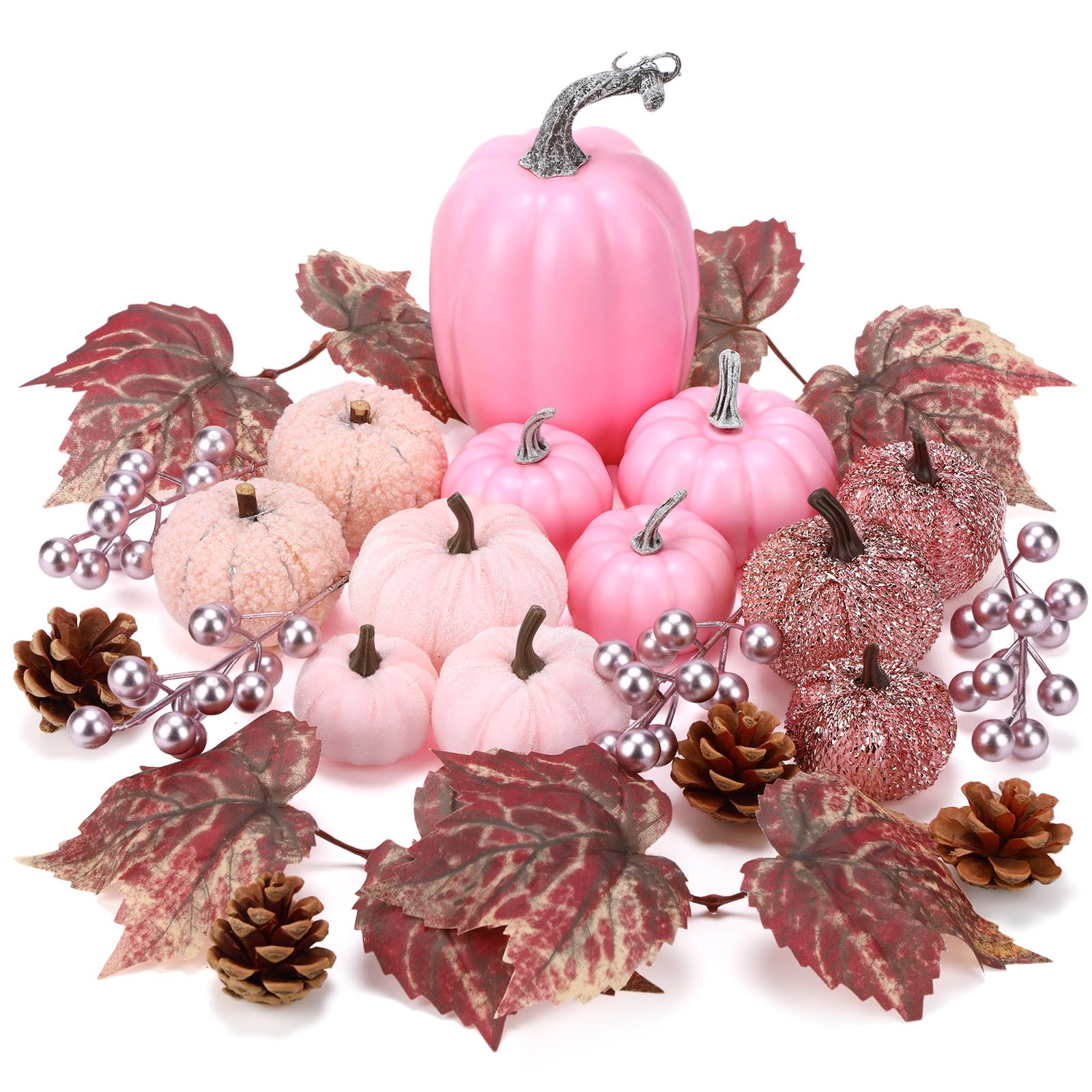 Photo 1 of AceOrbit 24 Pcs Fall Thanksgiving Small Pumpkins Artificial Fake Pumpkins Set with Maple Leaves Pinecones Berry for Decorating Autumn Table Centerpiece Thanksgiving Harvest Home Decorations(Fresh)