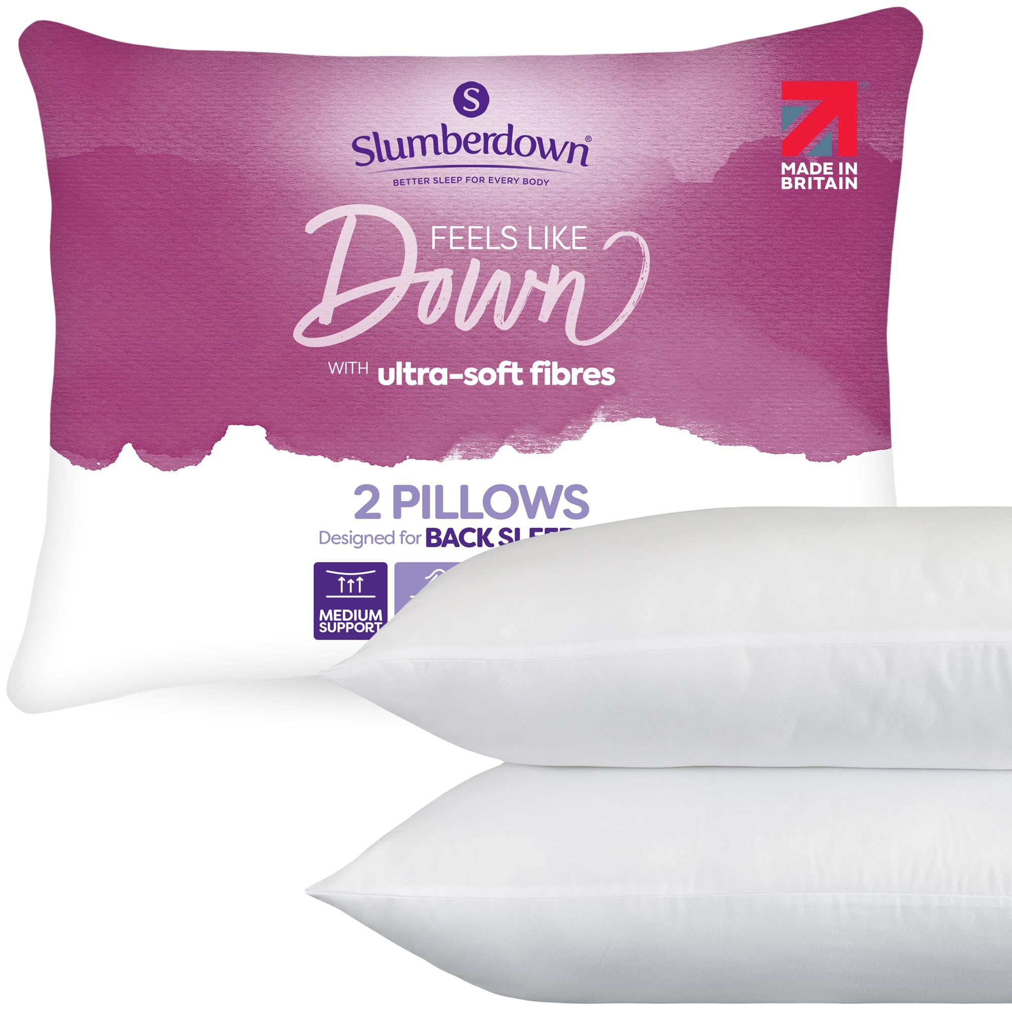 Slumberdown Feels Like Down Pillows 2 Pack - Ultra-Soft Down Alternative Pillow for Front, Back & Side Sleepers | UK Made, Non-Allergenic, Machine Washable (48 x 74cm)