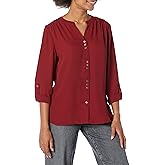 Zac & Rachel Womens Solid Crepe Button Front, Roll Tab Sleeve Blouse
