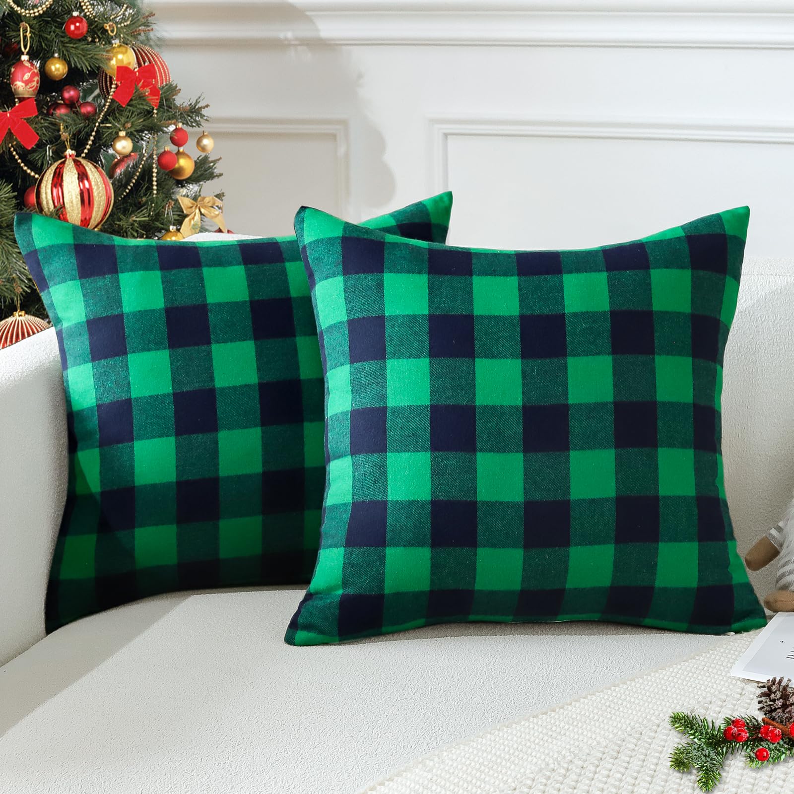 JOTOM Christmas Plaids Tartan Linen Throw Pillow Covers Buffalo Check Plaids Cushion Cover for Home Sofa Car Decorative Pillowcases Set of 2 50 x 50cm (Green and Black)