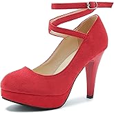 Women's Platform High Heel Pumps with Criss Cross Ankle Strap, Closed Toe, Dress Shoes