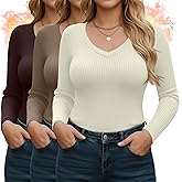 Sweetyweee 3 Pack Plus Size Thermal Shirts for Women Cotton Long Sleeve Ribbed Knit Tops V Neck Slim Fit Underwear Base Layer