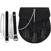 Scottish Celtic Knot Leather Sporran Bag with Adjustable Chain & Belt Stainless Steel Pin Perfect for Kilts Costumes (Black)