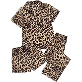 WDIRARA Women's 3 Piece Leopard Pajama Set Short Sleeve Button Down Shorts Pants Pjs Sleepwear