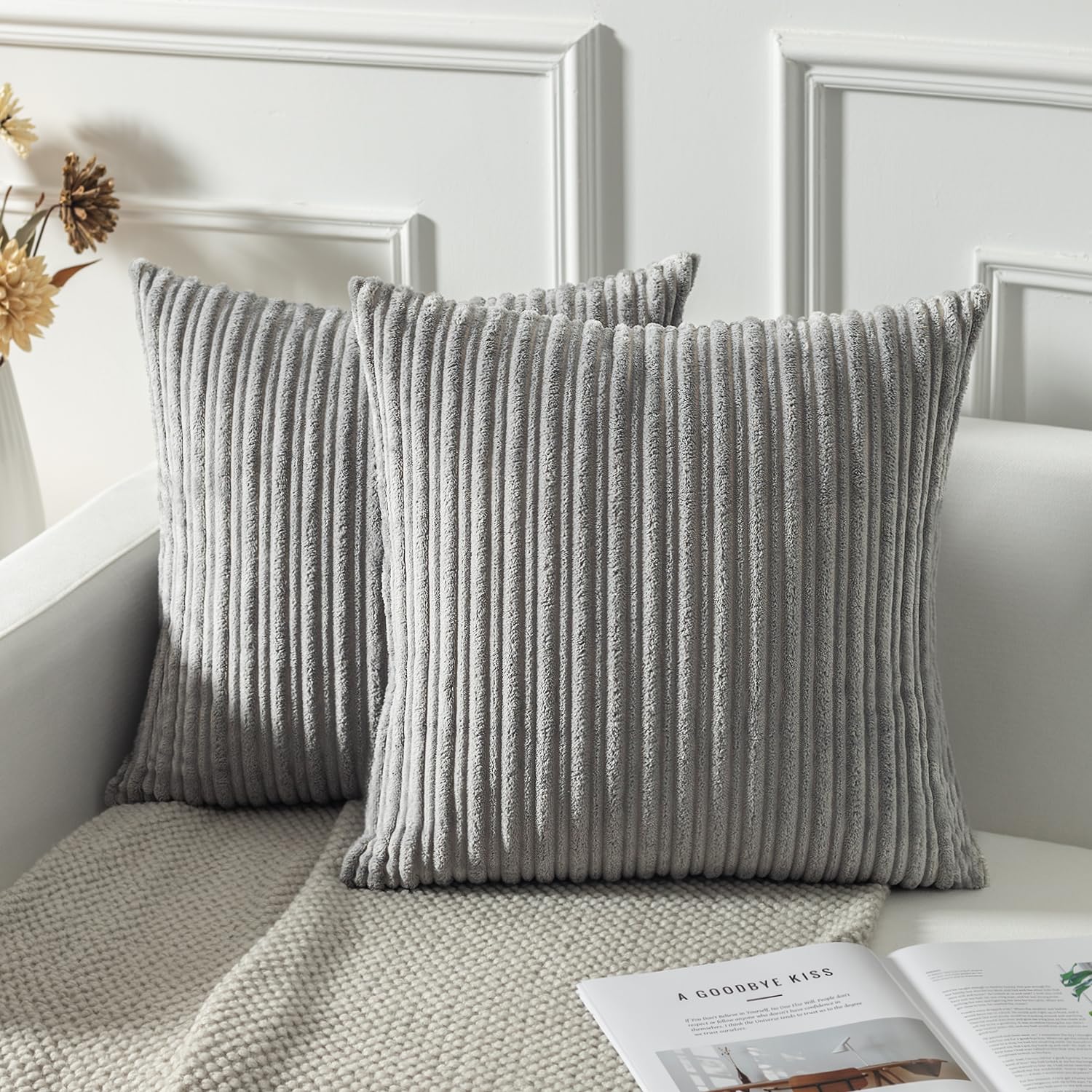 Photo 1 of Kevin Textile Pack of 2 Corduroy Soft Soild Decorative Square Throw Pillow Covers Set Cushion Cases Pillowcases for Sofa Bedroom Car 26 x 26 Inch 66 x 66 Cm Light Grey