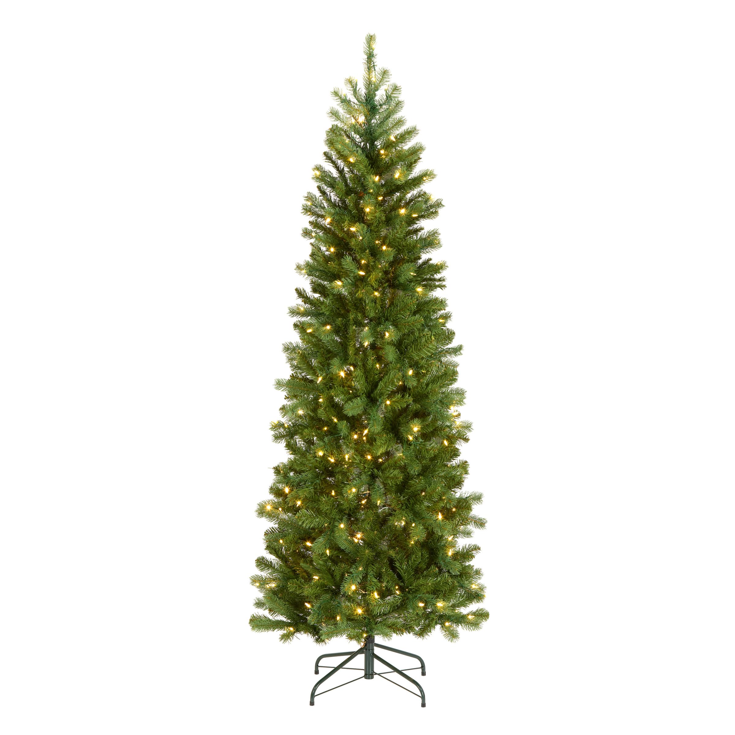 Photo 1 of National Tree Company 6.5 ft Pre-Lit Downswept Douglas Fir Slim Artificial Christmas Tree, 300 LED Lights, 640 Tips, PowerConnect, Foot Pedal, 10 Light Functions, Includes Stand, Green