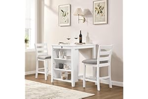 Larinest Small Bar Table and Chairs Set for 2, 3-Piece Kitchen Dining Room Table Set with Storage Shelves & Charging Station, Space-Saving Kitchen Breakfast Nook,White