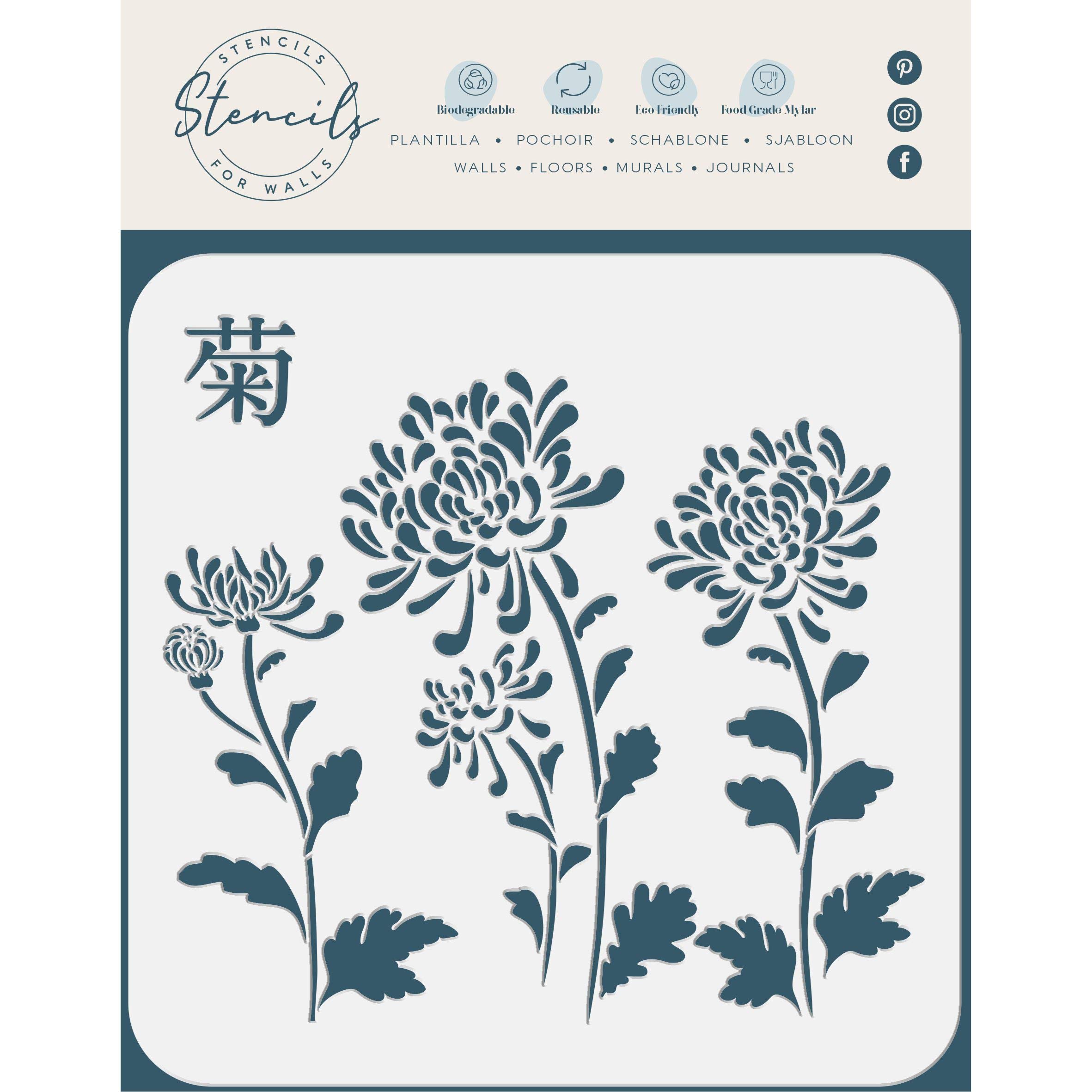 Chinese Mums Stencil, 25.5 x 26.5 cm (L) - Traditional Chinese Character Chrysanthemum Stencil Template for Painting
