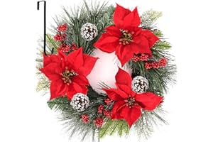 WellSign Christmas Wreath for Front Door, 24 Inch Large Outdoor Christmas Wreath with Hangers, Green Pine Xmas Wreath with Red Artificial Poinsettia Flowers for Fireplace Wall Window Home Indoor Decor