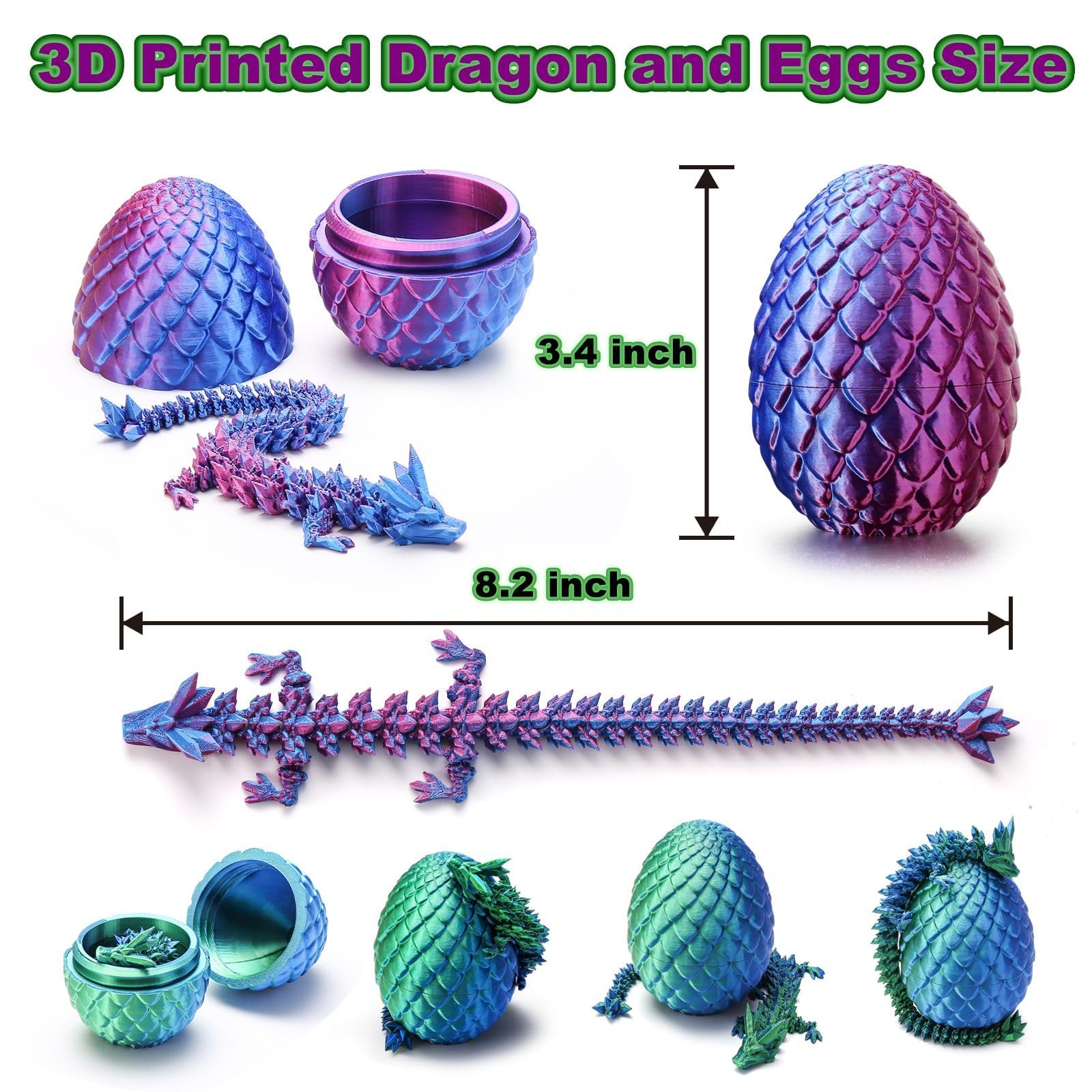 3D Printed Dragon Eggs with Dragon Inside – Fantasy Tabletop Decor, 3D Printing Toys for Kids & Adults – Unique Desktop Decoration & Collectible – Christmas Ornament & Stocking Stuffers (4 Pack)
