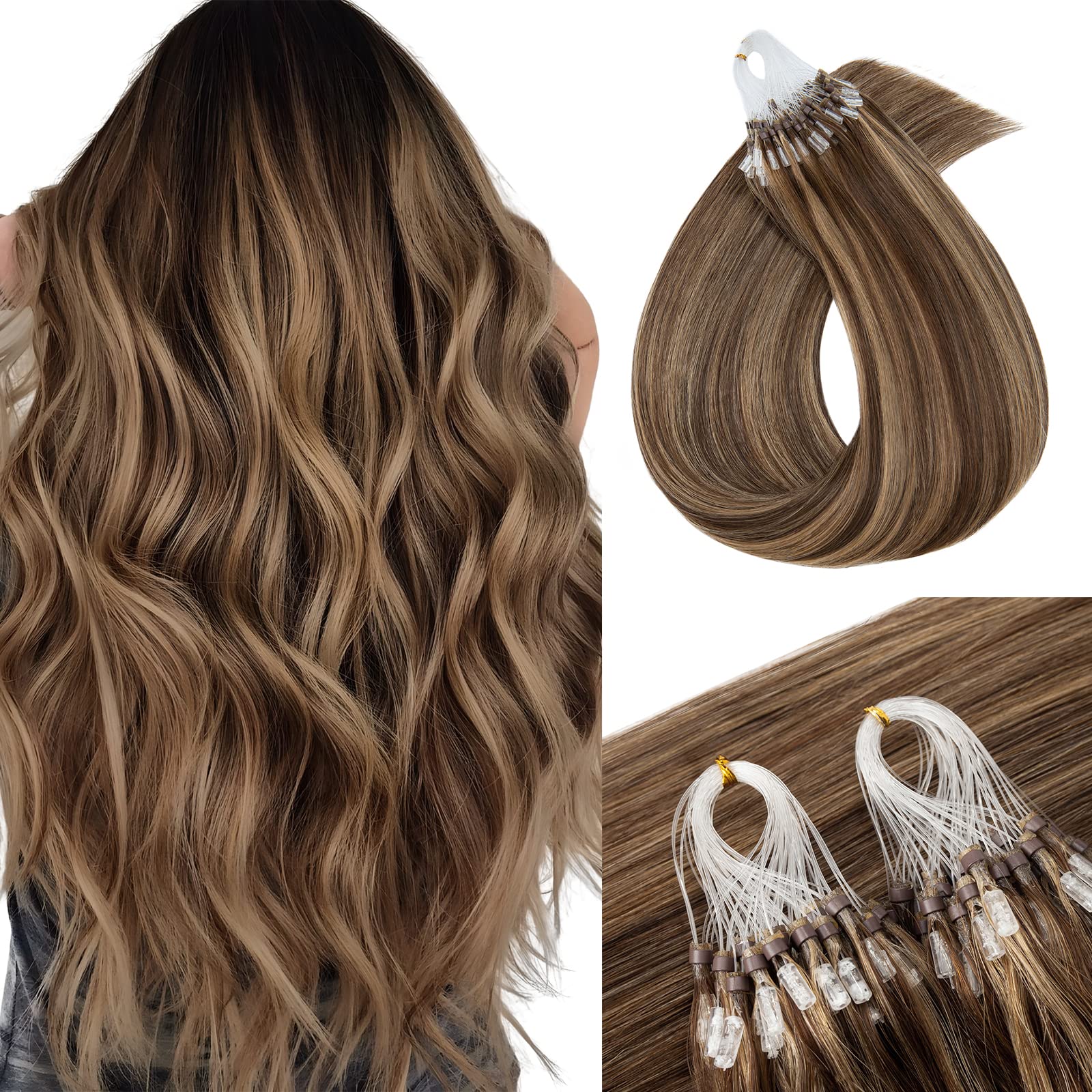 Photo 1 of MY-LADY Microlink Hair Extensions Microbead Human Hair Extensions 16 Inch Blonde Micro Loop Hair Extensions Real Human Hair Medium brown mix Dark Blonde Cold Fusion Extensions Micro Link #4/27