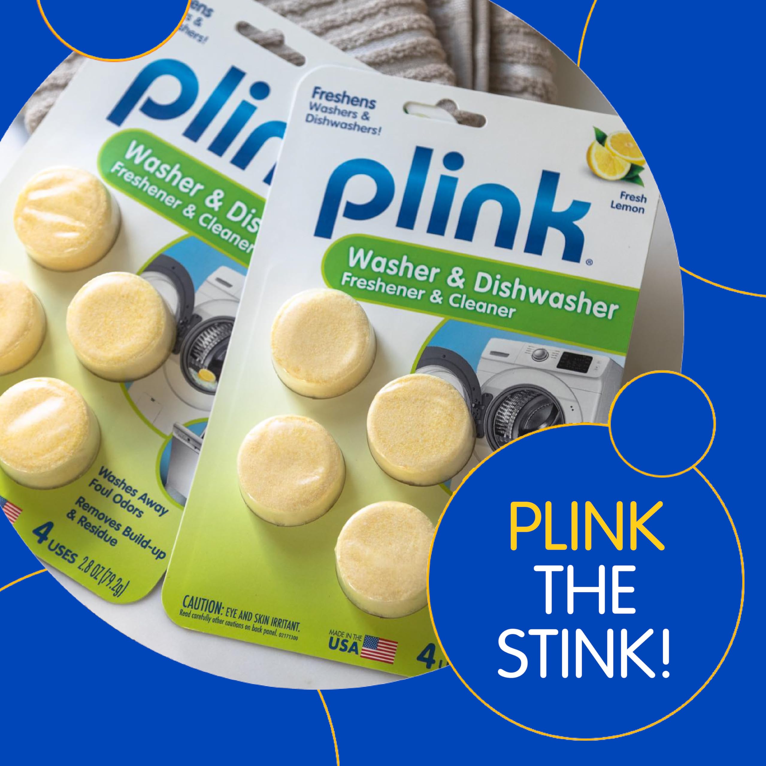 Plink Washing Machine and Dishwasher Cleaner and Freshener, Prevents Residue and Removes Odors in Kitchen and Laundry Room Appliances, Septic-Friendly, Made in the USA, Lemon Scent, 12 Tablets