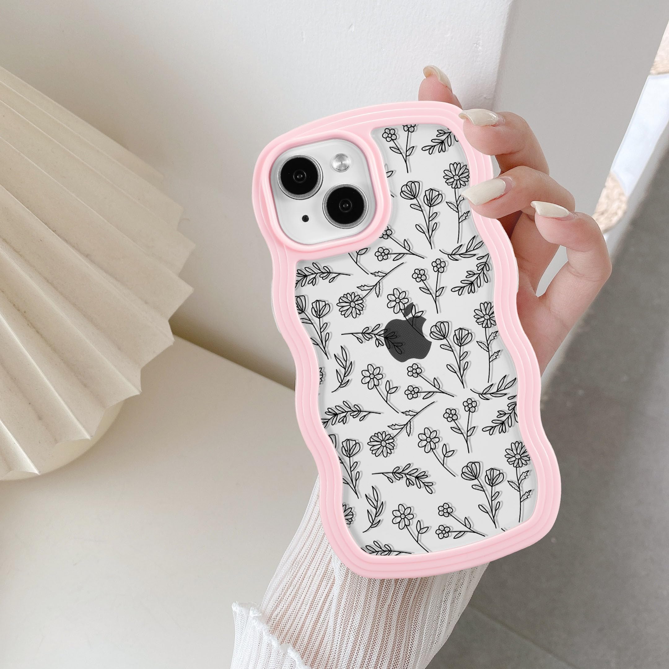 QLTYPRI Compatible with iPhone 15 Case, Cute Curly Wave Frame Clear Case for Girls Women, Flower Clear TPU Bumper Slim Soft Silicone Shockproof Protective Phone Cover for iPhone 15 - Black Floral/Pink — image 1