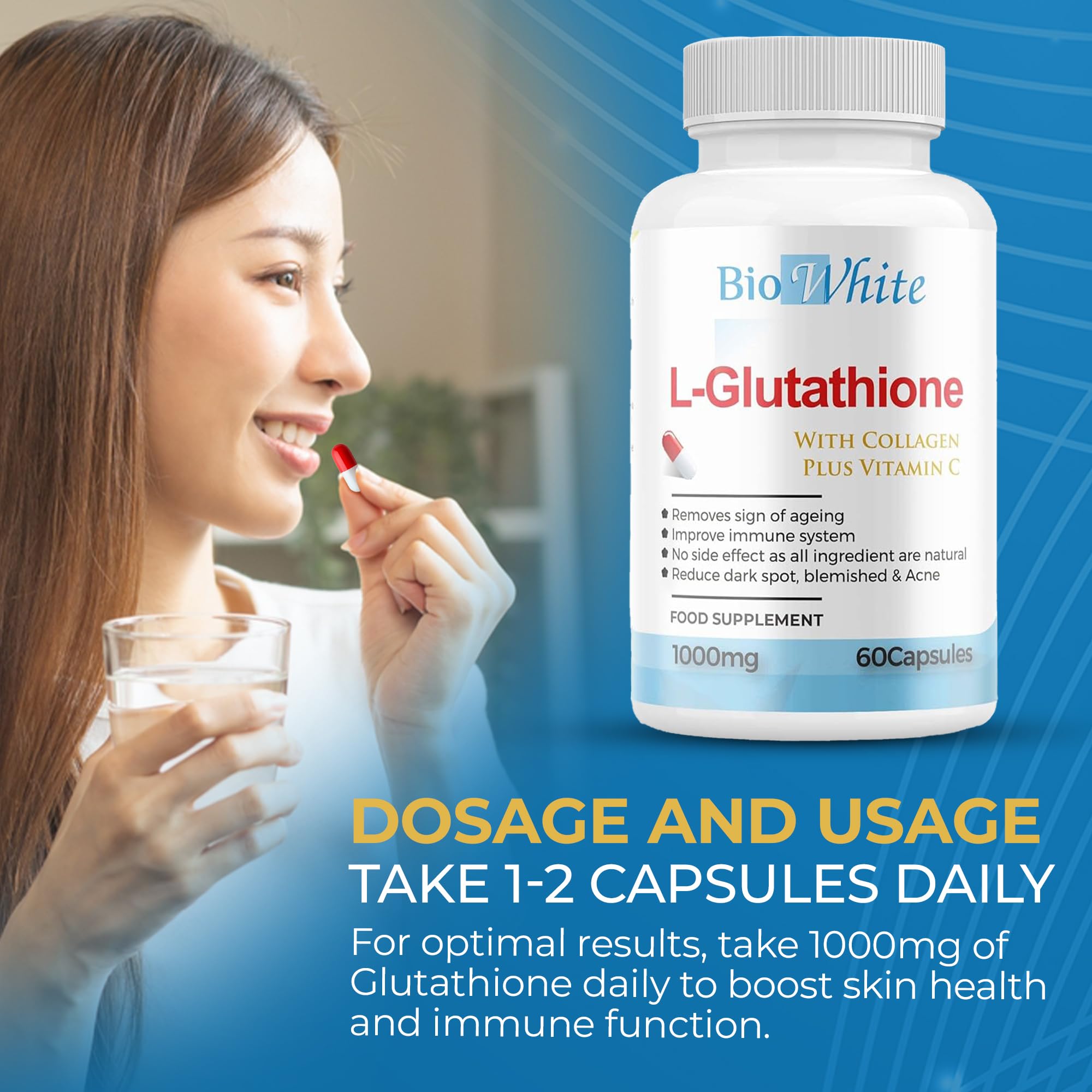Mua Bio White Glutathione Supplement - Natural Skin Whitening Anti-Aging  Benefits and Improves Immunity, L-Glutathione Pills for Men & Women - Pure  Antioxidant, 60 Capsules (1000mg) trn Amazon Anh chnh hng 2026 | Fado