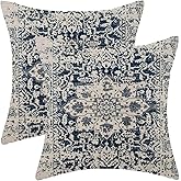 AEIOAE Boho Pillow Covers 18x18 Inch Set of 2,Carpet Pattern Throw Pillows Case,Navy Blue Beige Ethnic Design Outdoor Decorative Square Linen Farmhouse Decor Cushion Covers for Home Sofa Bed Couch