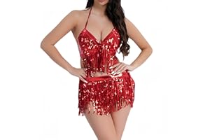 QUNBZOU Women 2Pcs Belly Dance Dress Sequin Tassel Bra Top with Fringe Hip Scarf Set Carnival Clubwear