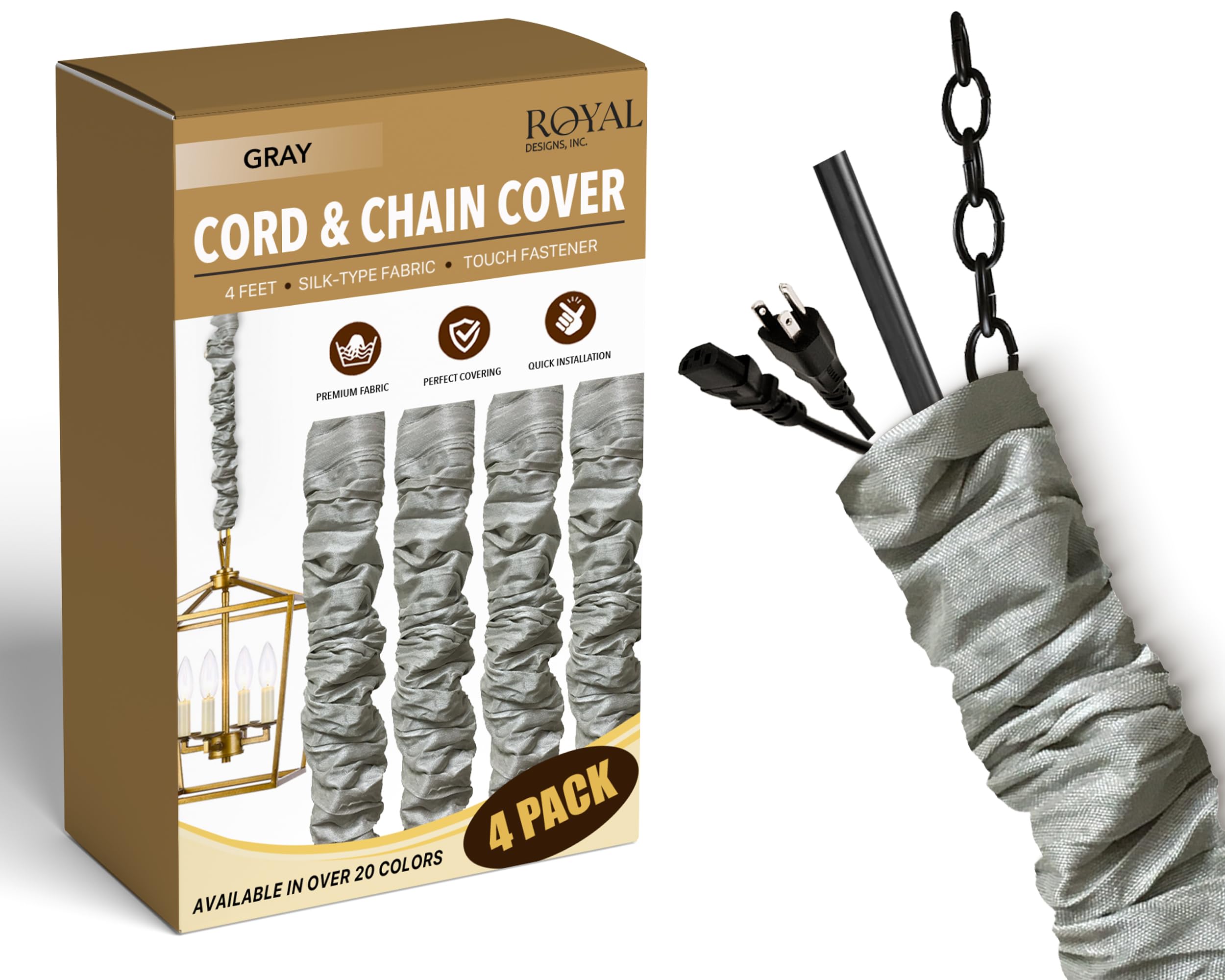 Photo 1 of Royal Designs, Inc. Cord & Chain Cover 4 ft Silk Type Fabric, Chandelier Pendant Lighting Chain & Cable Management, Touch Fastener, Gray - 4 Pack