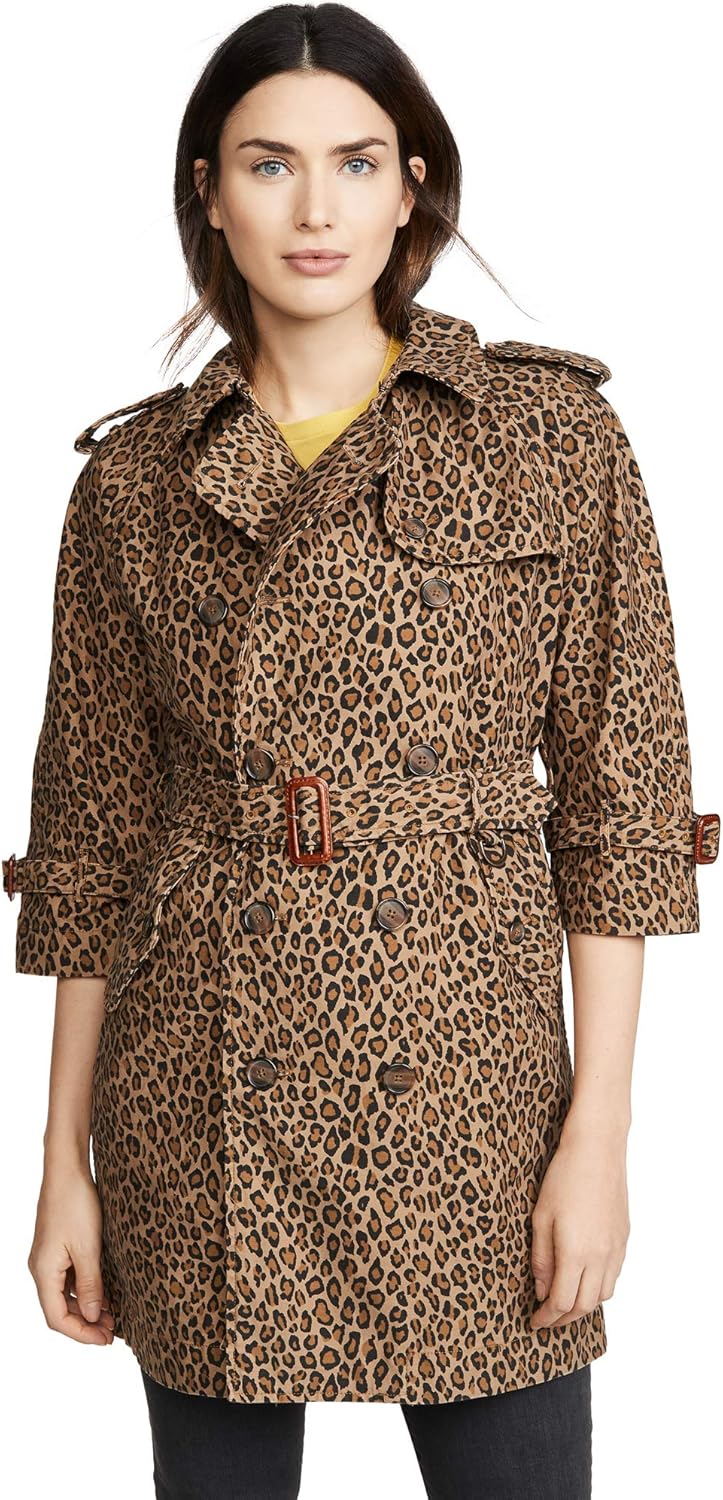 R13 Womens Raglan Sleeve Trench Coat Print Tan Leopard Small Coats