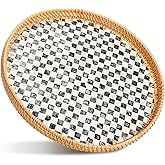 Tiangrid 16 inch Round Rattan Tray with Mother of Pearl Inlay Wicker Serving Tray with Wooden Base Boho Decorative Wicker Basket for Table Decor Bathroom Candle Perfume(Black Checkerboard)