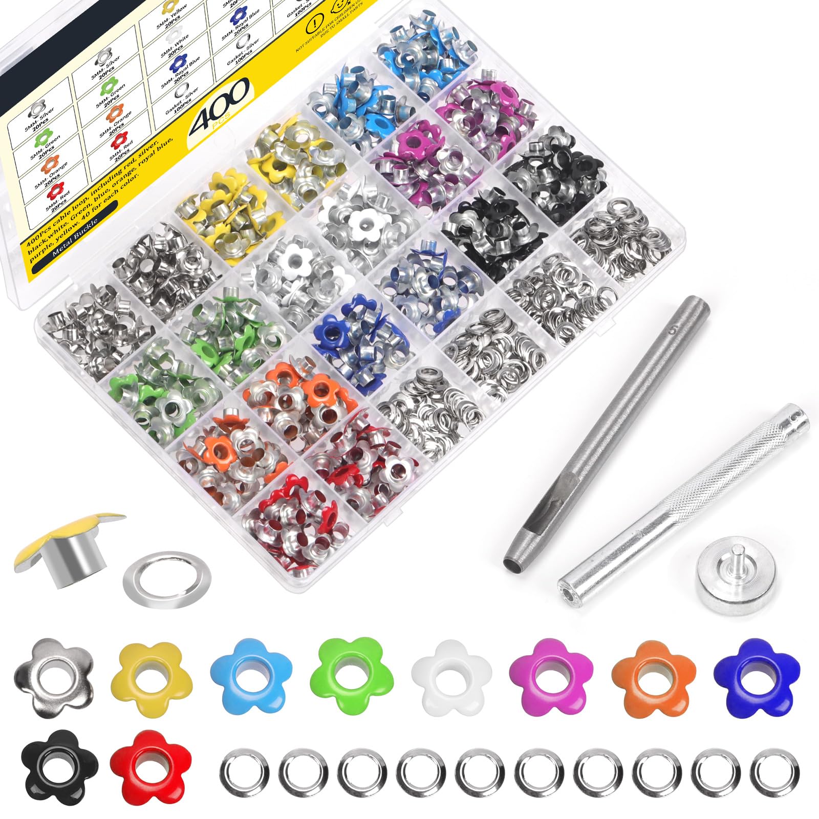 Mardatt 402Pcs 3/16 Inch Flower Eyelet Grommets with Installation Tools Kit, Mixed Colors Metal Eyelets Flowers Grommets Scrapbooking Eyelets for Fabric Clothing Shoes Leather Crafts(10 Colors)