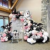 Pink Black Silver White Halloween Balloon Garland Kit 130Pcs With Starburst Ghost balloon and wizard Hat for Girl baby shower Happy boo day spooky one Birthday Party Decoration