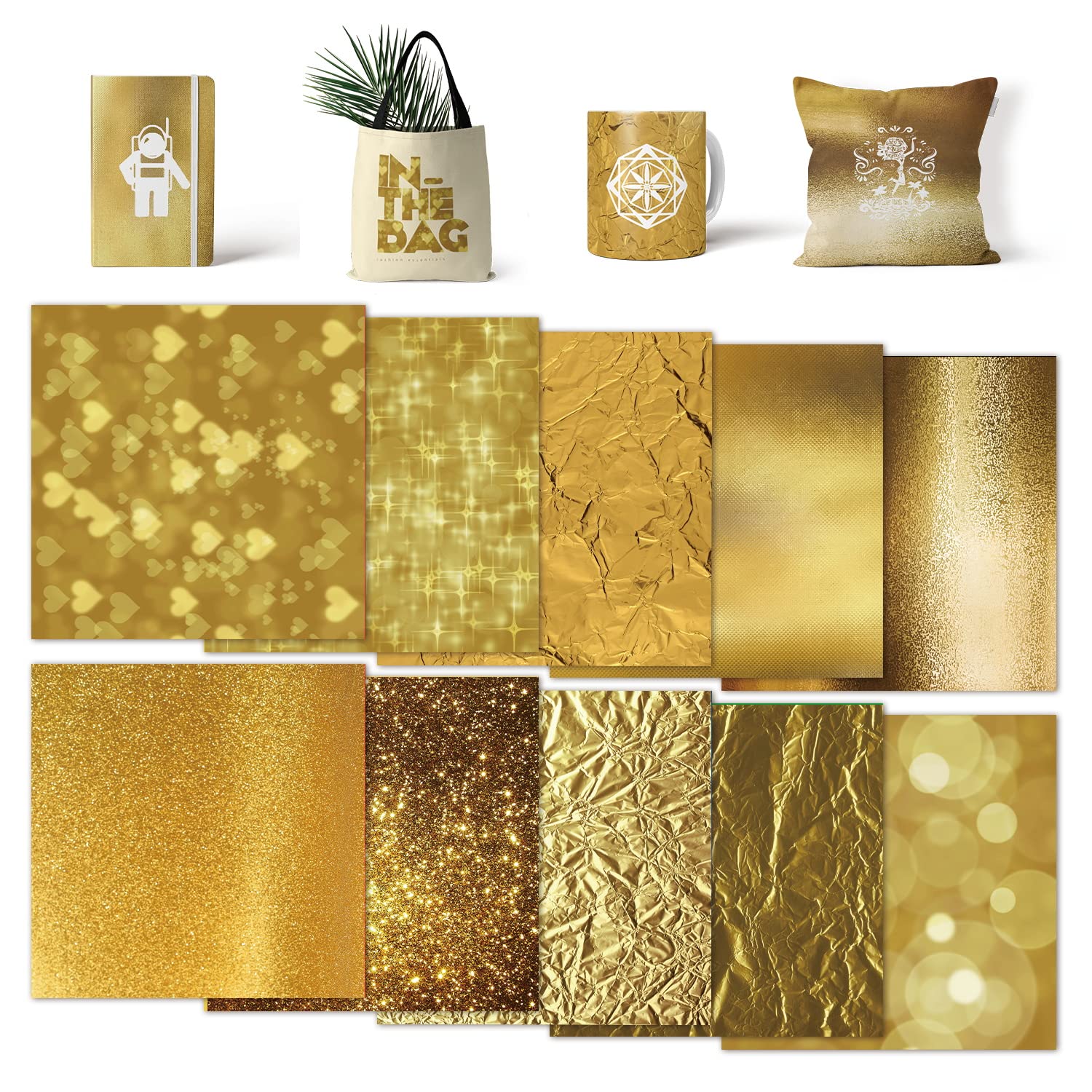 Insoluble Transfer Sheets-Glitter-Sublimation Paper for T-Shirts Cup Coasters Mug,10pcs/Set, 12"x12"（Gold）