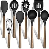 Silicone Kitchen Cooking Utensil Set, 9Pcs Kitchen Utensils Spatula Set with Wooden Handle for Nonstick Cookware, 446°F Heat Resistant Silicone Kitchen Gadgets Utensil Set with Large Holder(Black)