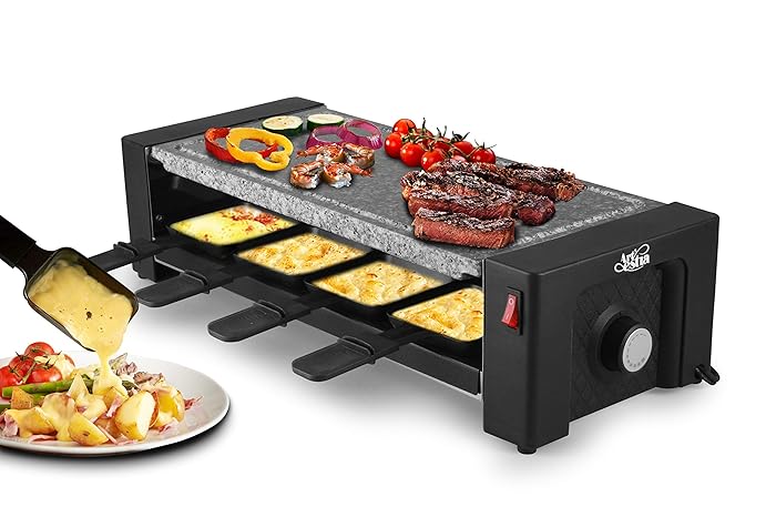 Artestia Electric Raclette Grill with High Density Granite Grill Stone,1450W High Power ETL Certified,Two-Tier Separate Heat Source for Plate/Side Dishes (Grill Stone Raclette in Dark Base)