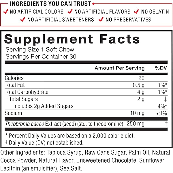 FORCE FACTOR CACAO SOFT CHEWS TO BOOST ENERGY AND IMMUNITY, POWERFUL SUPERFOOD AND ANTIOXIDANTS SUPPLEMENT MADE WITH PREMIUM CACAO, NON-GMO, GLUTEN-FREE, AND VEGAN, CHOCOLATE FLAVOR, 30 SOFT CHEWS
