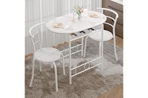 VECELO 3-Piece Dining Table Set for Kitchen Breakfast Nook, Faux Marbled Oval Tabletop and Metal Frame with Built-in Wine Rack, for Small Spaces, White