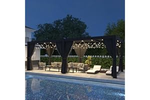 LVUYOYO Outdoor Louvered Pergola 10' x 20', Aluminum Pergola with Adjustable Roof, Waterproof Metal Gazebo with Curtains and Netting for Patio, Backyard, Garden, Deck (Black)