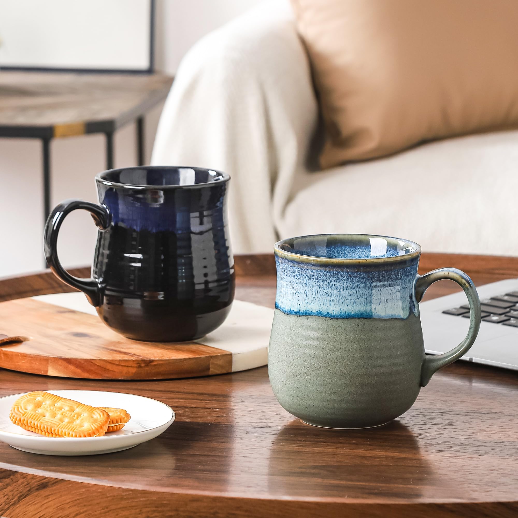 21 oz Large Ceramic Coffee Mugs, Pottery Mug Handmade, Ceramic Tea Cups with Handle for Office and Home, Dishwasher and Microwave Safe (Blue Grey)