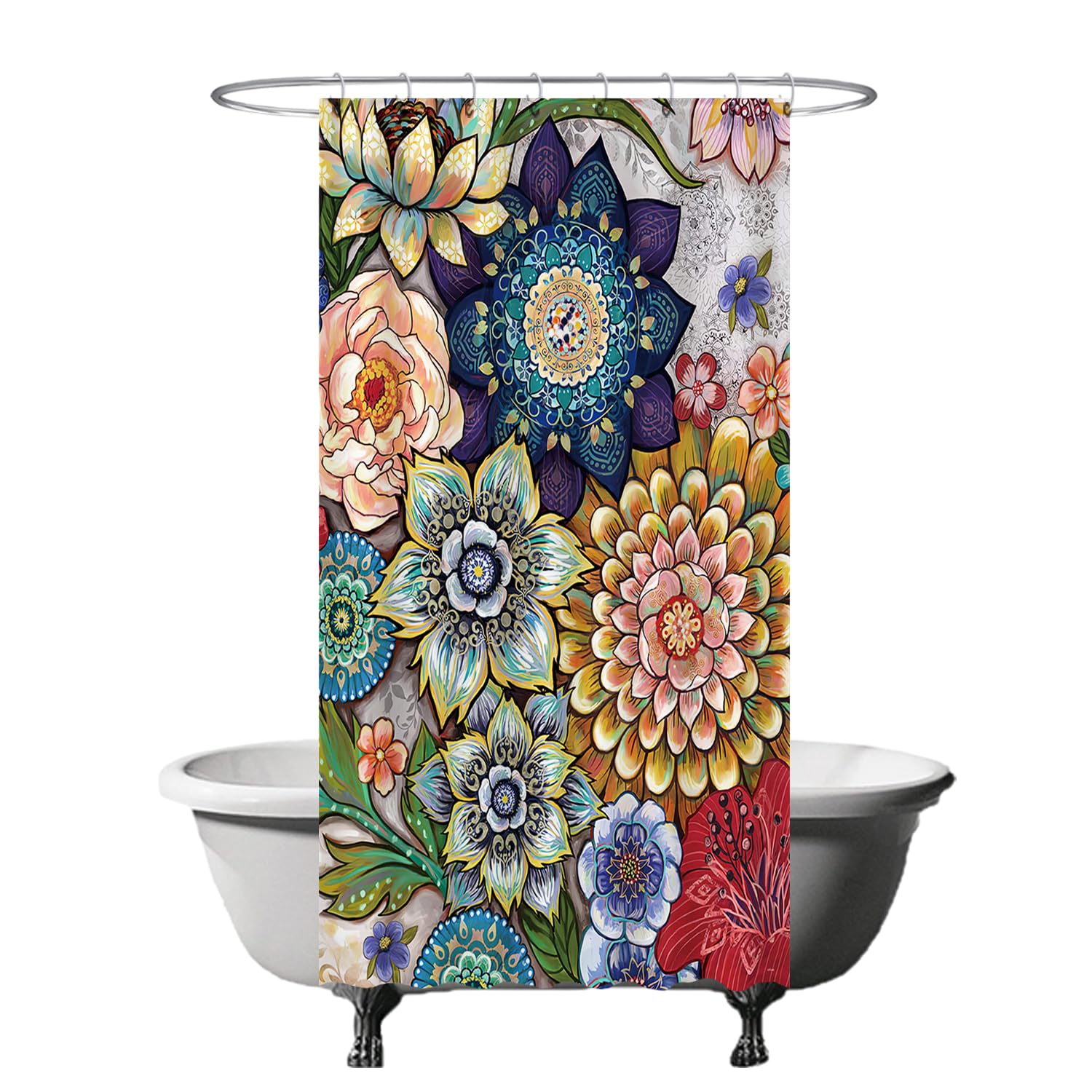 Ulticool Shower Curtain - Colourful Flowers Nature Art - 120 x 200 cm - Washable - Anti Mould - Waterproof - with 8 Rings for Mum/Nana - Red Green Blue Brown Yellow