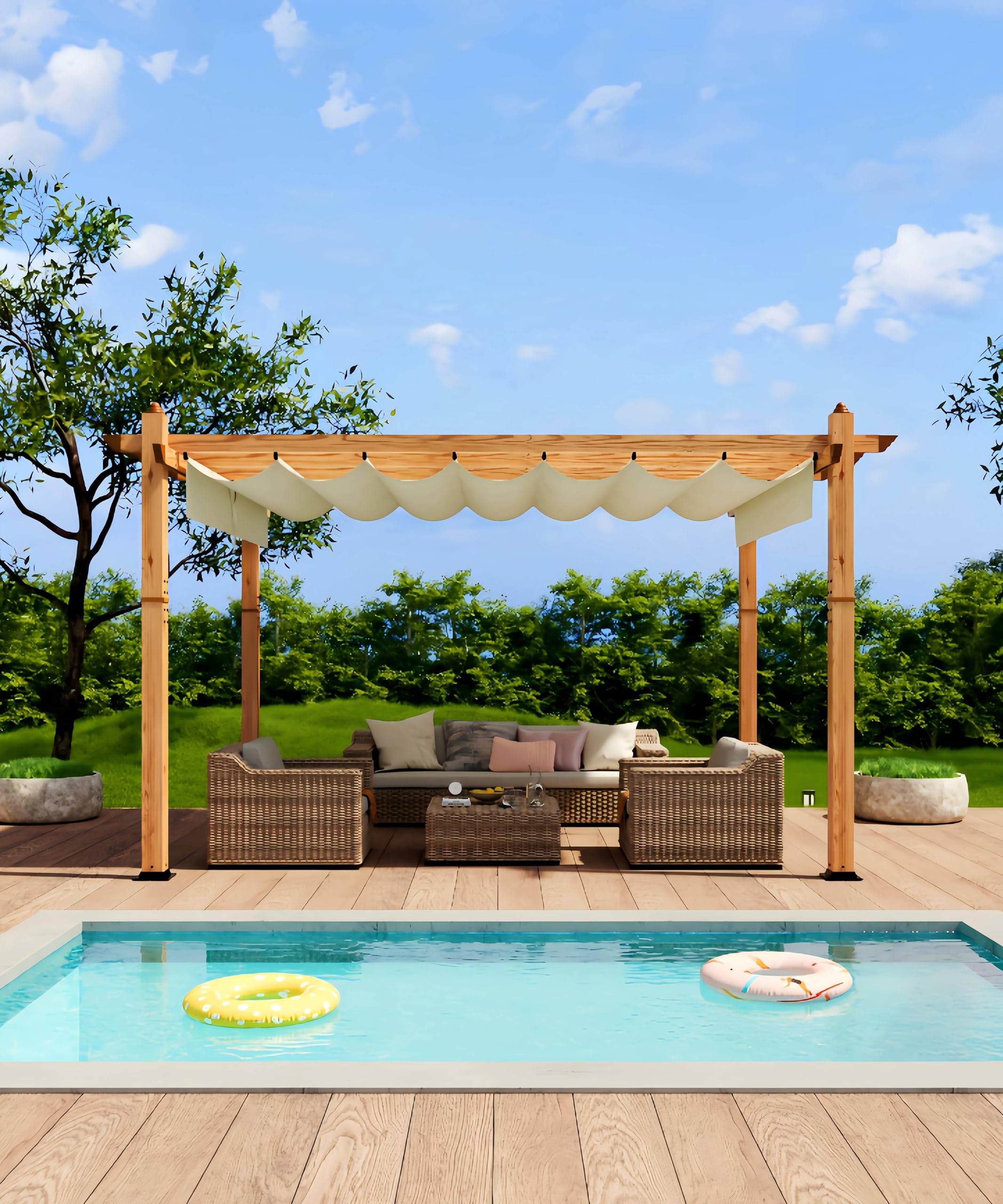 Photo 1 of GarveeLife 10 x 13 Ft Wood-Grain Aluminum Pergola Outdoor Pergola with Retractable Canopy Sun Shade Shelter for Garden, Patio, Backyard, Deck - Beige