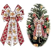 LANGFON Large Christmas Wreath Bow Decor Bows Red Plaid Snow and Gingerbread Cookies Burlap for Wreath, Christmas Tree Topper for New Year Home Indoor Outdoor Decoration Ornament Supplies