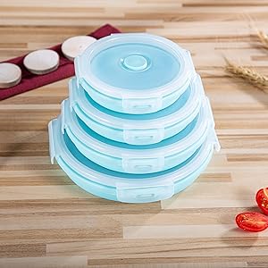 Bezal - Collapsible Food Storage Containers (Set of 4) With Lids 1200ml/800ml/500ml/350ml - Silicone Leak-Proof Airtight Microwave & Dishwasher-Safe Meal Container Thin Lunch Bento Box Bowls