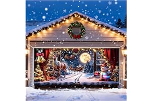 Christmas Garage Door Cover, 7x16 Ft Outdoor Large Banner Christmas Santa Reindeer Large Garage Door Decorations for Indoor O