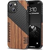TENDLIN Compatible with iPhone 15 Case Wood Grain with Carbon Fiber Texture Design Leather Hybrid Slim Case (Twill)