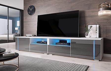 Furnix Prado Double 200cm Meuble Tv Moderne Banc Tv Blanc Gris Amazon Fr Cuisine Maison