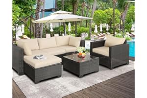 Furnimy 6 Pieces Pieces Patio Furniture Set Outdoor Sectional Wicker Patio Furniture Patio Couch with Ottoman for Lawn, Balcony, Garden, Backyard (Brown-Beige)