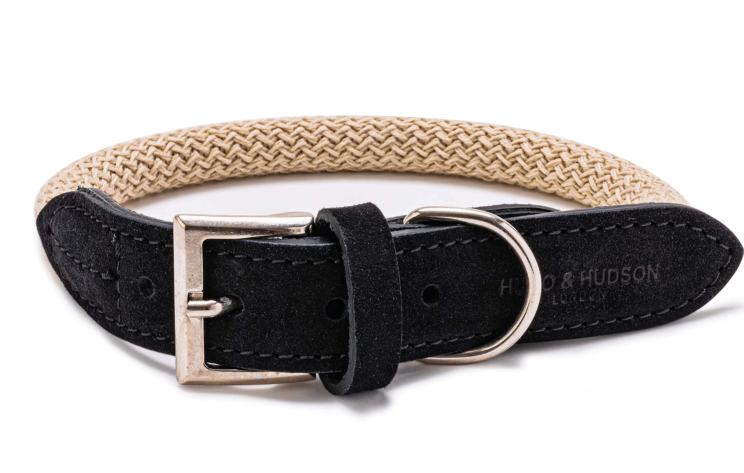 HUGO & HUDSON Luxury Dog Collar Round Rope and Leather with Adjustable Metal Buckle, Black 60cm