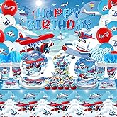 Airplane Birthday Party Decorations, Airplane Party Supplies, Plates Cups Napkins Tablecloth Happy Birthday Backdrop Balloon Cake Toppers for Plane Theme Party Baby Shower Supplies