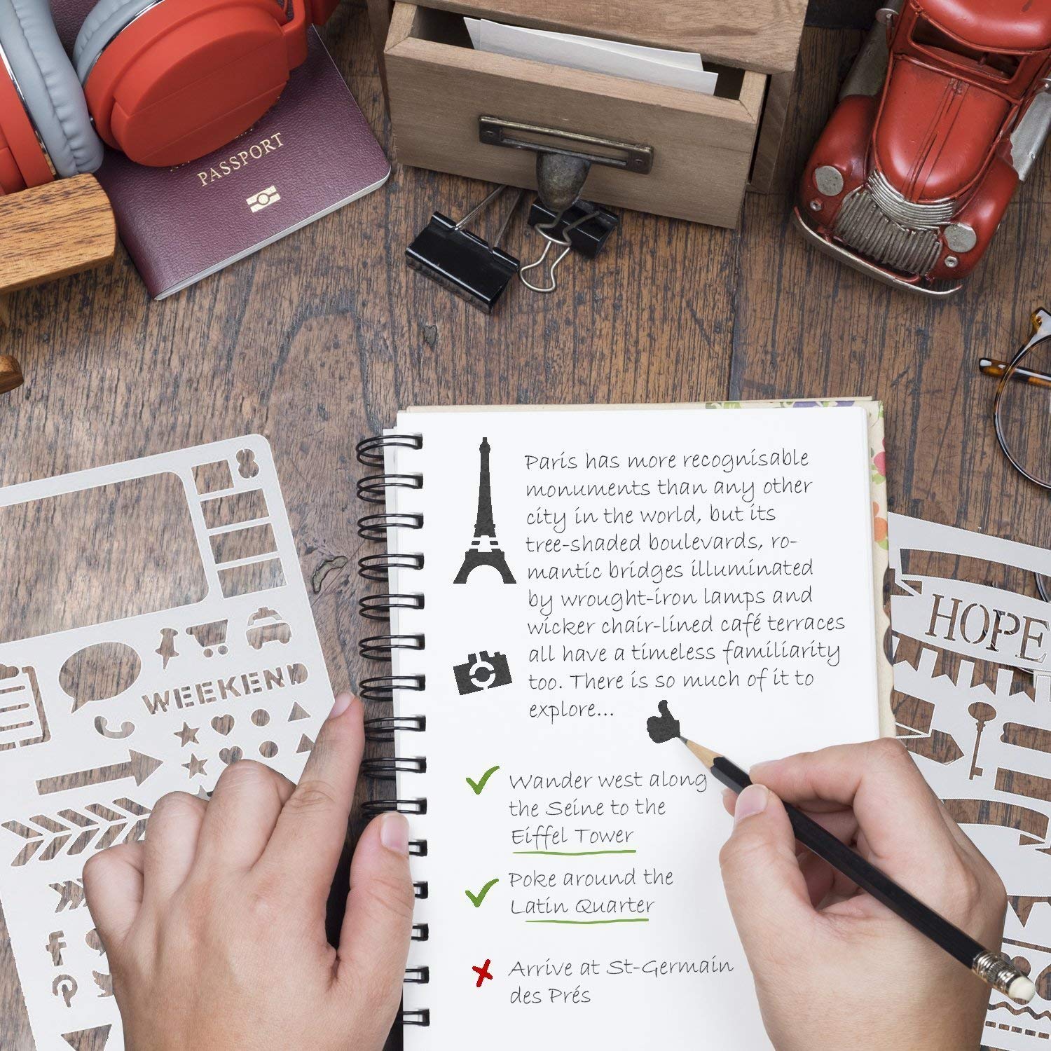 Rpuomtz 24 PCS Journal Stencil Plastic Planner Set for Journal Notebook Diary Scrapbook DIY Drawing Template 4x7 Inch