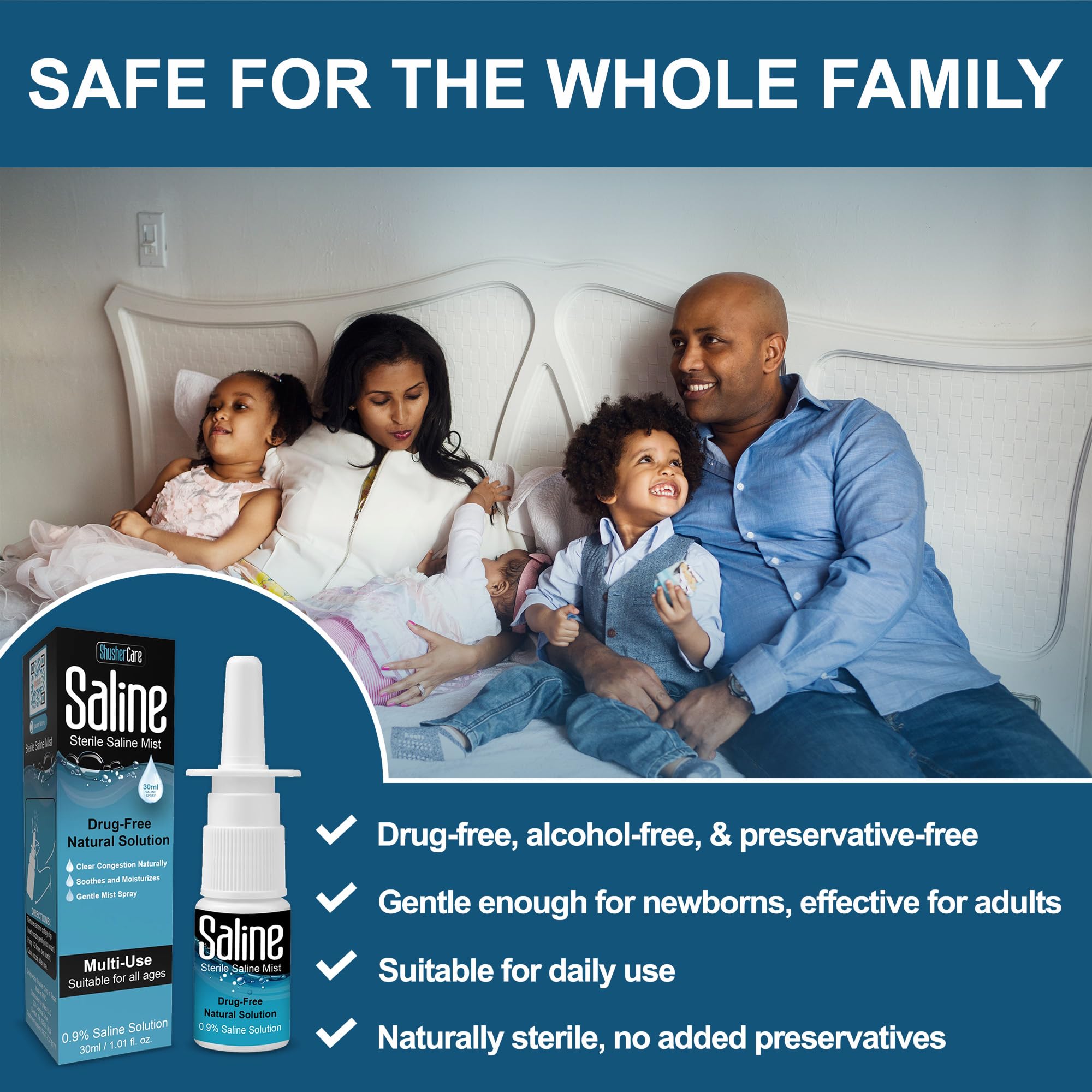 Shusher Care Saline Spray for Nose - Nasal Spray Saline Solution for Newborn, Baby & Adults, Salt Water Decongestant Mist for Stuffy Nose, Travel Friendly, Natural, 0.9% Saline - 30 ml (1.01 fl oz)